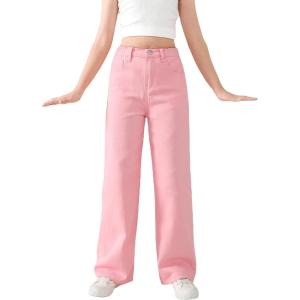 imageFloerns Girls High Waisted Straight Leg Jeans Denim Long Pants with PocketPink