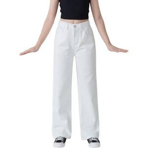 imageFloerns Girls High Waisted Straight Leg Jeans Denim Long Pants with PocketWhite