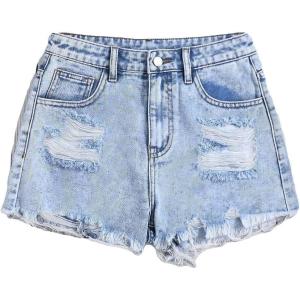imageFloerns Girls Ripped Raw Trim Shorts High Waist Straight Leg Denim ShortsLight Blue Solid