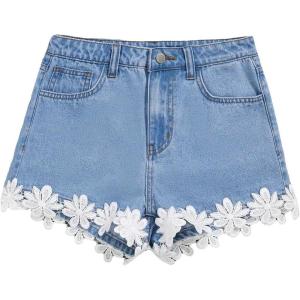 imageFloerns Girls Ripped Raw Trim Shorts High Waist Straight Leg Denim ShortsPastel Blue