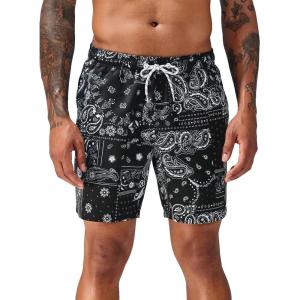 imageFloerns Mens Boho Swim Trunks Graphic Print Drawstring Waist Shorts Bathing SuitBlack Ink Paisley