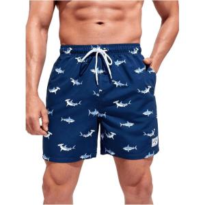 imageFloerns Mens Boho Swim Trunks Graphic Print Drawstring Waist Shorts Bathing SuitDeep Blue Shark