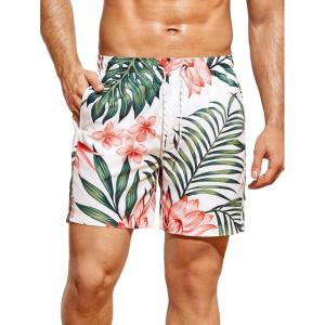imageFloerns Mens Boho Swim Trunks Graphic Print Drawstring Waist Shorts Bathing SuitWhite Pink Tropical