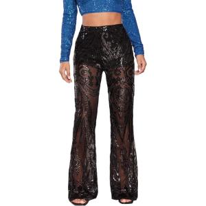 imageFloerns Womens Sequin High Waist Flare Leg Pants Bell Bottom Club TrousersBlack Mesh