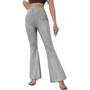 imageFloerns Womens Sequin High Waist Flare Leg Pants Bell Bottom Club TrousersSilver Solid