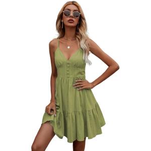 imageFloerns Womens Solid Sleeveless Ruffle Hem Shirred Boho Cami Short DressOlive Green
