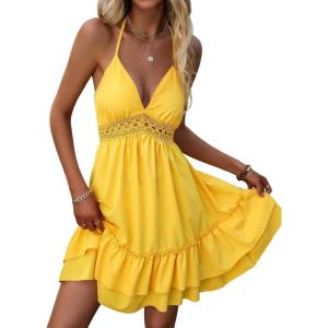 imageFloerns Womens Solid Sleeveless Ruffle Hem Shirred Boho Cami Short DressYellow Plain