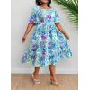 imageFloerns Womens Plus Size Floral Print Tie Front Square Neck Slit Hem Midi DressIce Blue