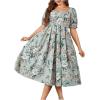 imageFloerns Womens Plus Size Floral Print Tie Front Square Neck Slit Hem Midi DressLight Green