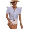 imageFloerns Womens Striped Print Notched Neck Puff Short Sleeve Casual Blouse TopA Blue and White