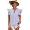 imageFloerns Womens Striped Print Notched Neck Puff Short Sleeve Casual Blouse TopA Blue and White