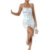 imageFloerns Womens Summer Split Thigh Spaghetti Strap Cami Midi Floral DressWhite Cream