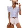 imageFloerns Womens Striped Print Notched Neck Puff Short Sleeve Casual Blouse TopA Blue and White