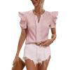 imageFloerns Womens Striped Print Notched Neck Puff Short Sleeve Casual Blouse TopRed and White