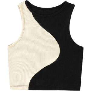 imageFloerns Womens Color Block Sleeveless Ribbed Knit Casual Crop Tank TopBlack White