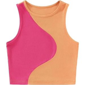 imageFloerns Womens Color Block Sleeveless Ribbed Knit Casual Crop Tank TopOrange Pink