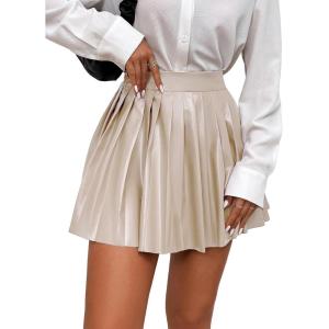 imageFloerns Womens PU Leather High Waisted Pleated Skirt Faux Leather Party Skater Mini SkirtApricot