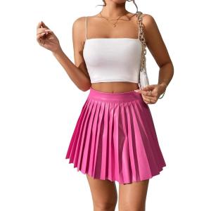 imageFloerns Womens PU Leather High Waisted Pleated Skirt Faux Leather Party Skater Mini SkirtPink