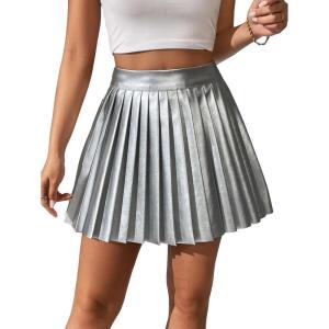 imageFloerns Womens PU Leather High Waisted Pleated Skirt Faux Leather Party Skater Mini SkirtSilver