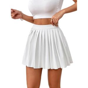 imageFloerns Womens PU Leather High Waisted Pleated Skirt Faux Leather Party Skater Mini SkirtWhite Cream