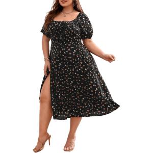 imageFloerns Womens Plus Size Floral Print Tie Front Square Neck Slit Hem Midi DressBlack