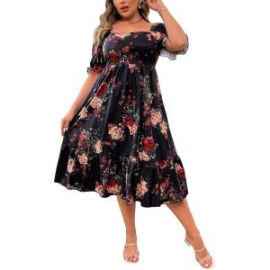 imageFloerns Womens Plus Size Floral Print Tie Front Square Neck Slit Hem Midi DressBlack Multi