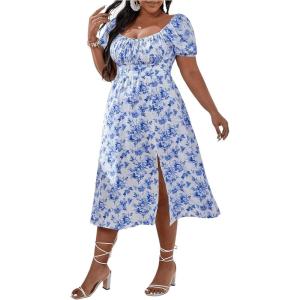 imageFloerns Womens Plus Size Floral Print Tie Front Square Neck Slit Hem Midi DressBlue Ditsy Floral