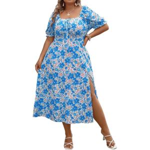 imageFloerns Womens Plus Size Floral Print Tie Front Square Neck Slit Hem Midi DressBlue Flower