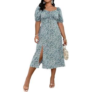 imageFloerns Womens Plus Size Floral Print Tie Front Square Neck Slit Hem Midi DressGreen Floral