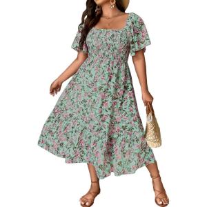 imageFloerns Womens Plus Size Floral Print Tie Front Square Neck Slit Hem Midi DressGreen Flower