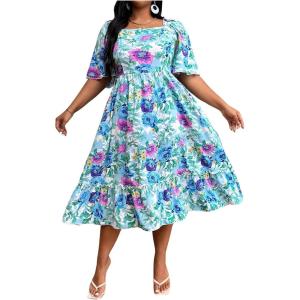 imageFloerns Womens Plus Size Floral Print Tie Front Square Neck Slit Hem Midi DressIce Blue