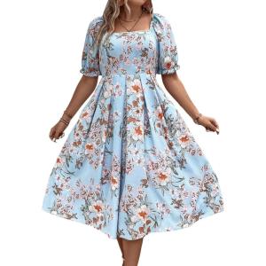 imageFloerns Womens Plus Size Floral Print Tie Front Square Neck Slit Hem Midi DressLight Blue