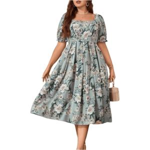 imageFloerns Womens Plus Size Floral Print Tie Front Square Neck Slit Hem Midi DressLight Green