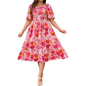 imageFloerns Womens Plus Size Floral Print Tie Front Square Neck Slit Hem Midi DressPink Multi