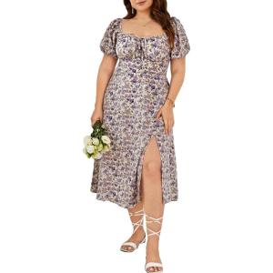 imageFloerns Womens Plus Size Floral Print Tie Front Square Neck Slit Hem Midi DressPurple Floral