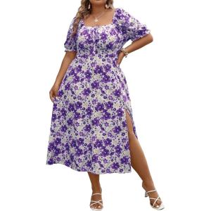 imageFloerns Womens Plus Size Floral Print Tie Front Square Neck Slit Hem Midi DressPurple and White