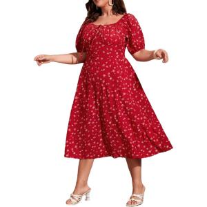 imageFloerns Womens Plus Size Floral Print Tie Front Square Neck Slit Hem Midi DressRed