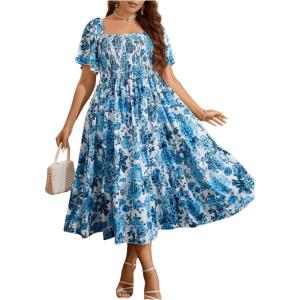 imageFloerns Womens Plus Size Floral Print Tie Front Square Neck Slit Hem Midi DressSky Blue
