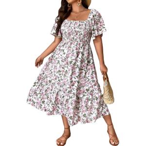 imageFloerns Womens Plus Size Floral Print Tie Front Square Neck Slit Hem Midi DressWhite Purple Floral