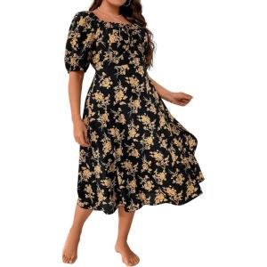 imageFloerns Womens Plus Size Floral Print Tie Front Square Neck Slit Hem Midi DressYellow Multi
