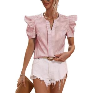 imageFloerns Womens Striped Print Notched Neck Puff Short Sleeve Casual Blouse TopRed and White