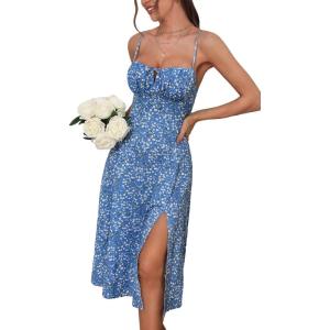 imageFloerns Womens Summer Split Thigh Spaghetti Strap Cami Midi Floral DressBlue Flower