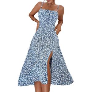 imageFloerns Womens Summer Split Thigh Spaghetti Strap Cami Midi Floral DressBlue White Floral