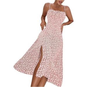 imageFloerns Womens Summer Split Thigh Spaghetti Strap Cami Midi Floral DressBrown and White