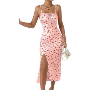 imageFloerns Womens Summer Split Thigh Spaghetti Strap Cami Midi Floral DressDusty Pink