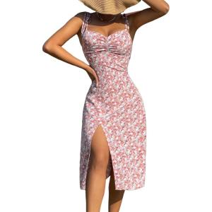 imageFloerns Womens Summer Split Thigh Spaghetti Strap Cami Midi Floral DressPink Floral