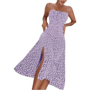 imageFloerns Womens Summer Split Thigh Spaghetti Strap Cami Midi Floral DressPurple and White