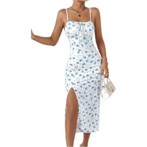imageFloerns Womens Summer Split Thigh Spaghetti Strap Cami Midi Floral DressWhite Cream