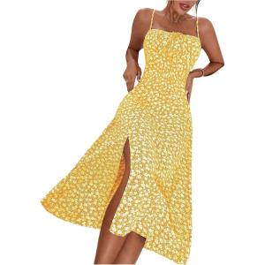 imageFloerns Womens Summer Split Thigh Spaghetti Strap Cami Midi Floral DressYellow and White