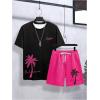 imageFloerns Mens 2 Piece Boho Outfit Tree Print Tee Shirt with Beach Shorts SetHot Pink